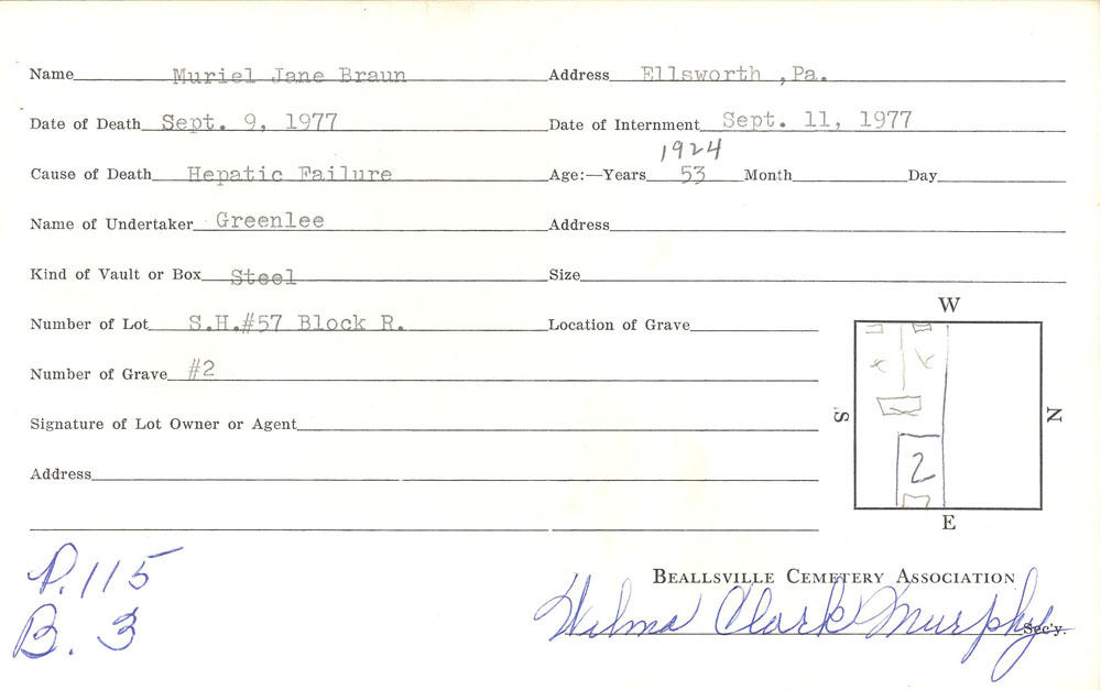 Murial Jane Braun burial card